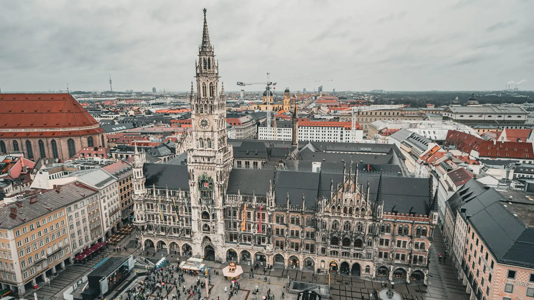Aerial shot of Marienplatz with the New Town Hall in Munich, showcasing Bavarian architecture