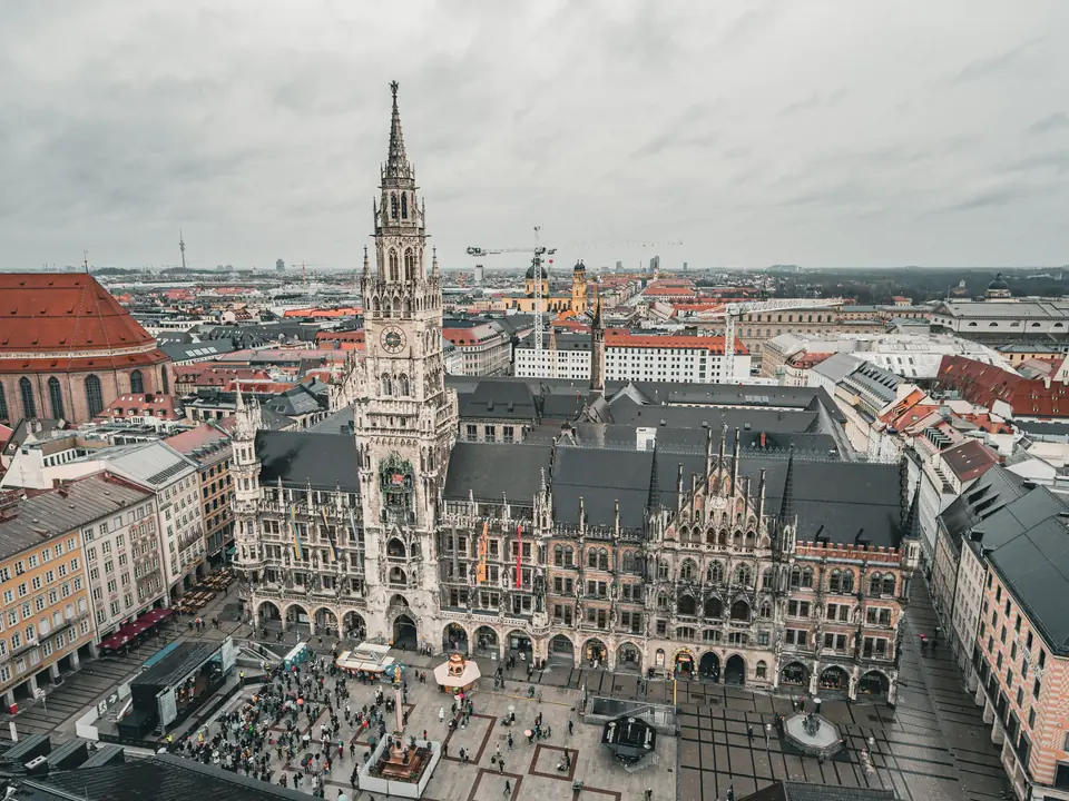 Aerial shot of Marienplatz with the New Town Hall in Munich, showcasing Bavarian architecture