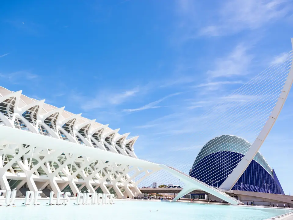 Explore the modern architecture of Valencia's City of Arts and Sciences under a clear blue sky